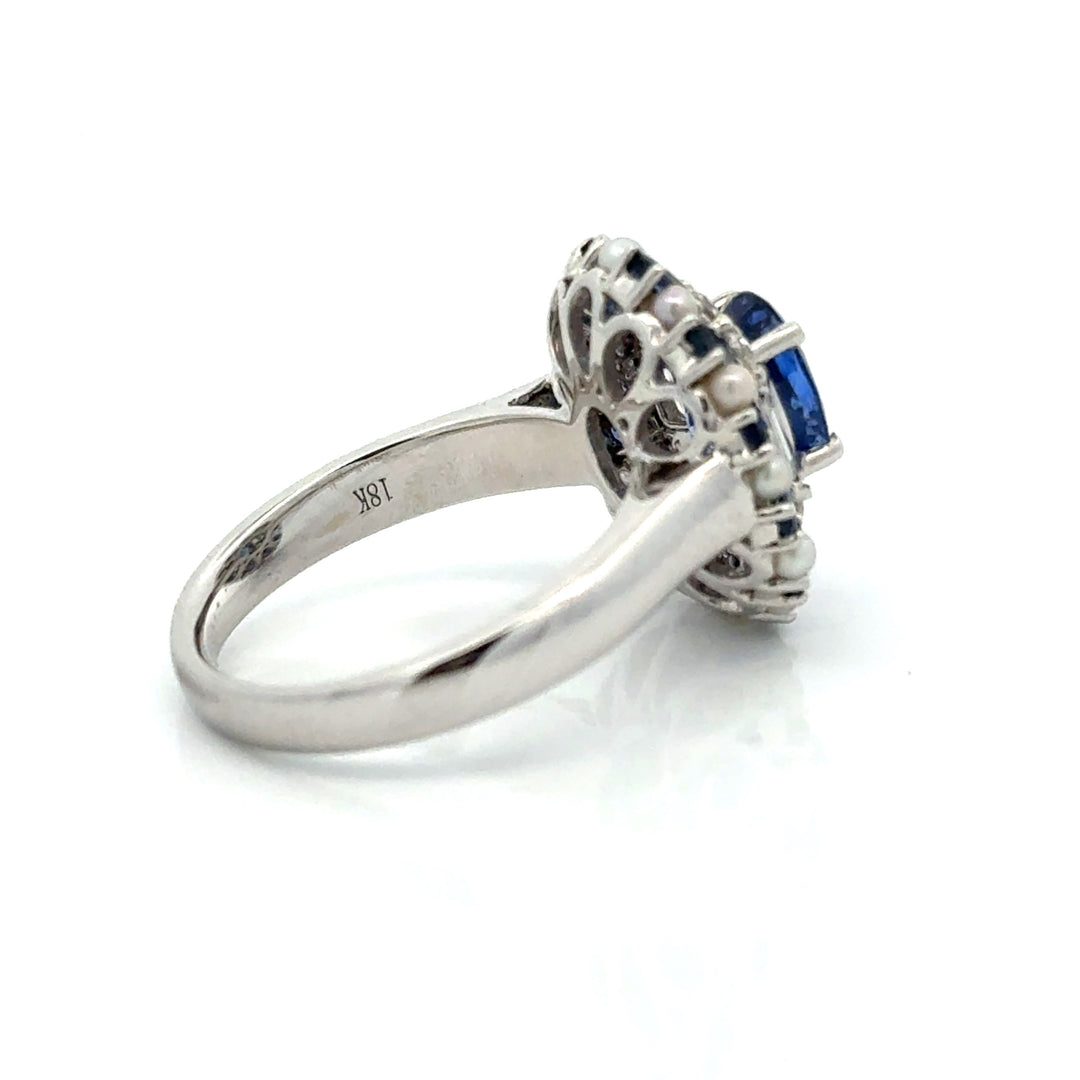 Modern Designer Fine 2.59cttw Sapphire, Diamond, Pearl 18Kt White Gold Ring