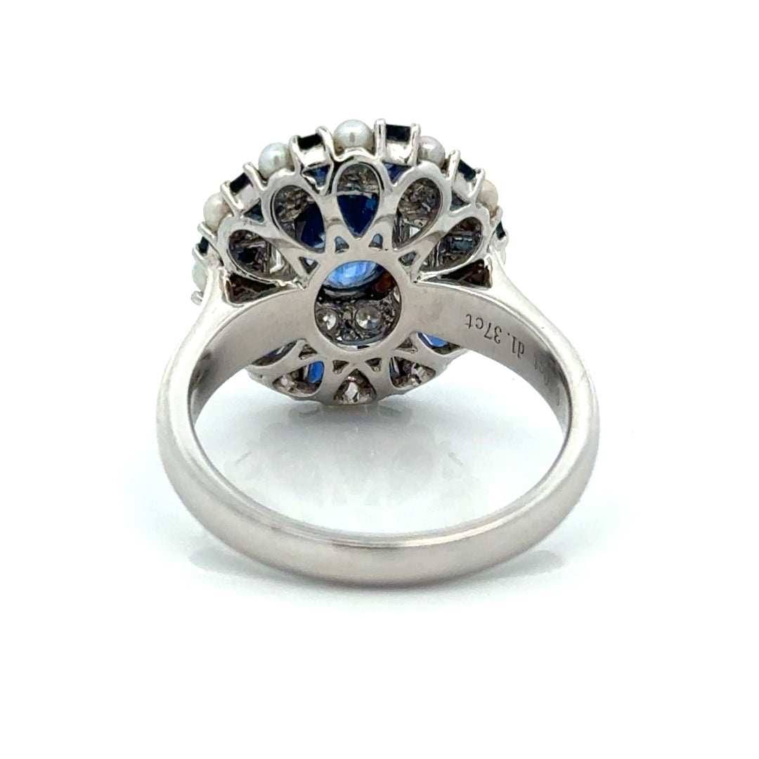 Modern Designer Fine 2.59cttw Sapphire, Diamond, Pearl 18Kt White Gold Ring