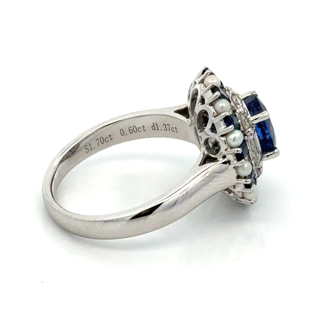 Modern Designer Fine 2.59cttw Sapphire, Diamond, Pearl 18Kt White Gold Ring