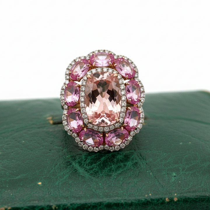 Modern Pink Sapphire, Morganite, Diamond 18Kt Yellow Gold Ring
