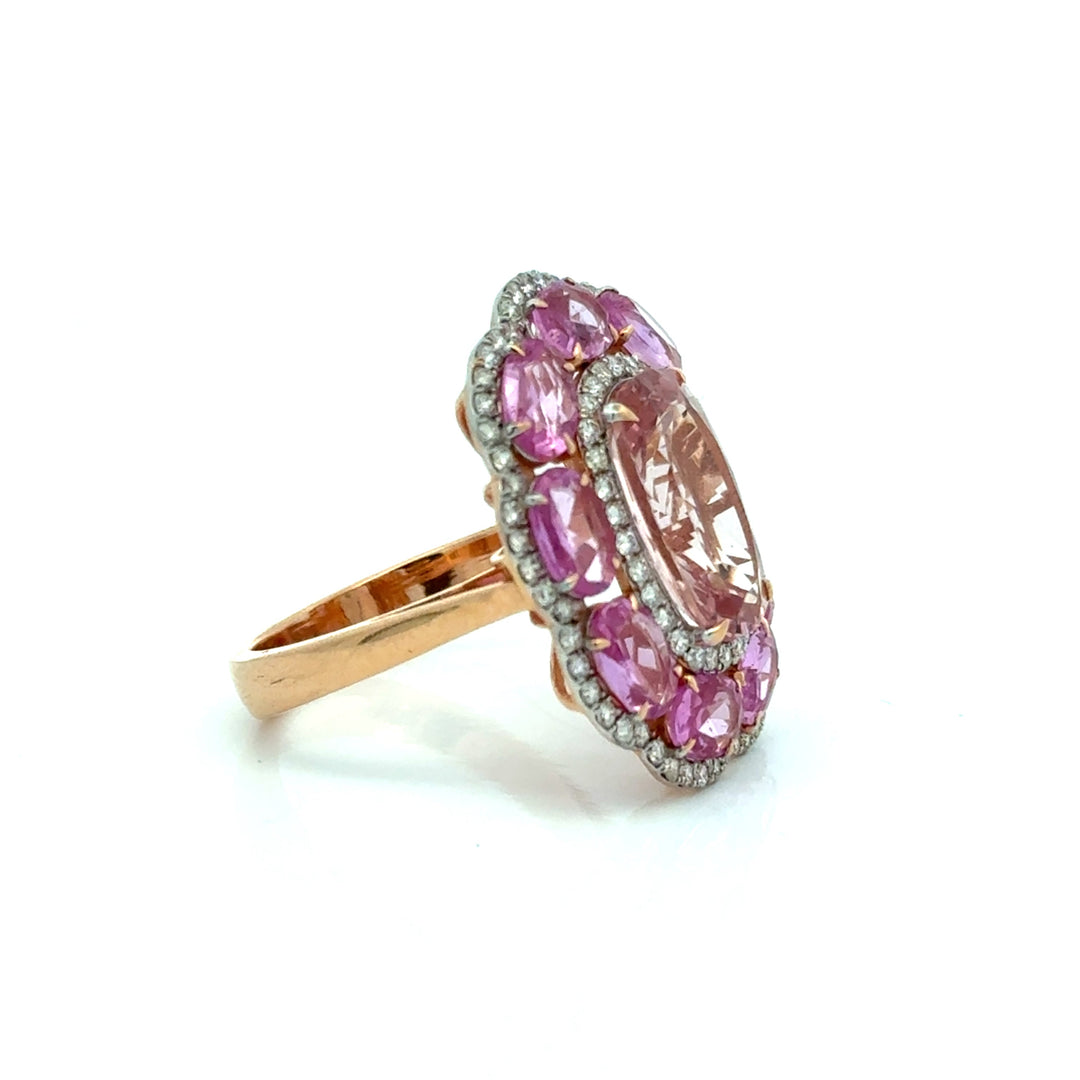 Modern Pink Sapphire, Morganite, Diamond 18Kt Yellow Gold Ring