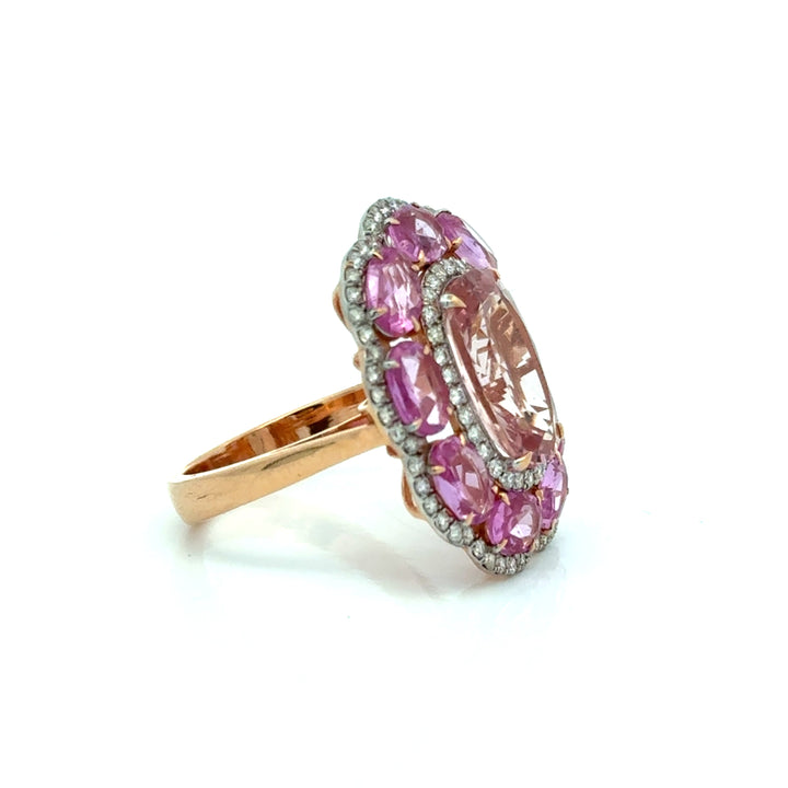 Modern Pink Sapphire, Morganite, Diamond 18Kt Yellow Gold Ring