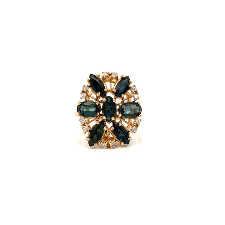 Modern Blue Sapphire And Diamond 14kt Yellow Gold Cluster Ring