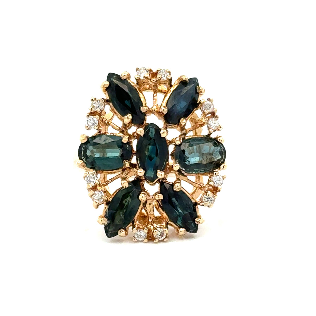 Modern Blue Sapphire And Diamond 14kt Yellow Gold Cluster Ring