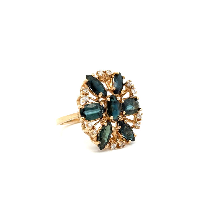Modern Blue Sapphire And Diamond 14kt Yellow Gold Cluster Ring