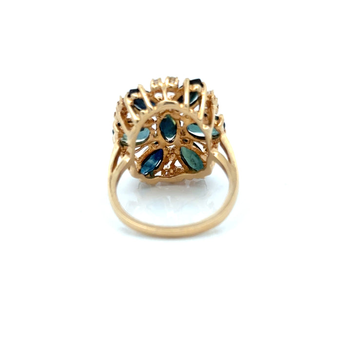 Modern Blue Sapphire And Diamond 14kt Yellow Gold Cluster Ring