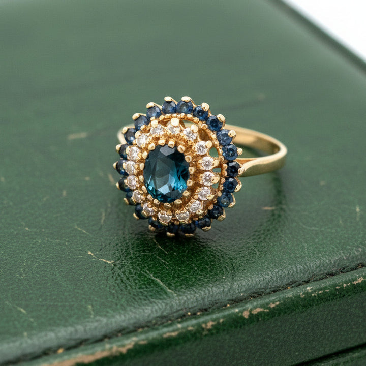 Modern 1990's Sapphire and Diamond 14K Yellow Gold Ring