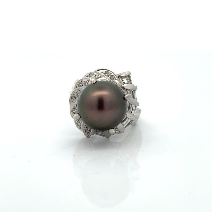 Contemporary 12.50mm Tahitian Pearl and Diamond Platinum Ring