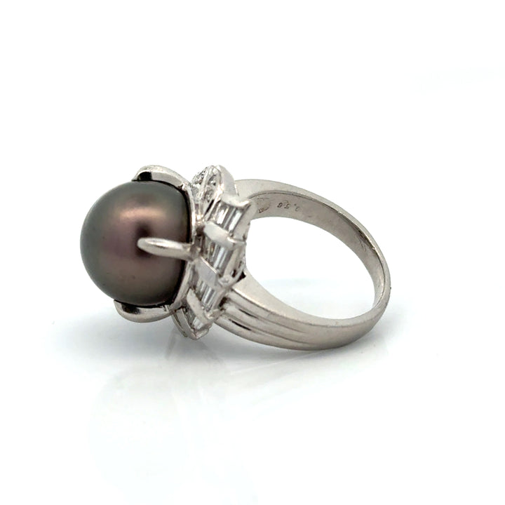 Contemporary 12.50mm Tahitian Pearl and Diamond Platinum Ring