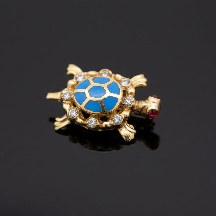 Modern Enamel, Garnet, and Diamond 14kt Yellow Gold Turtle Pendant