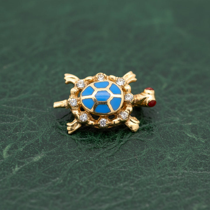 Modern Enamel, Garnet, and Diamond 14kt Yellow Gold Turtle Pendant