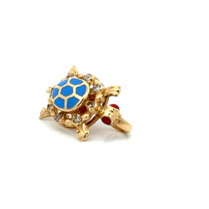 Modern Enamel, Garnet, and Diamond 14kt Yellow Gold Turtle Pendant