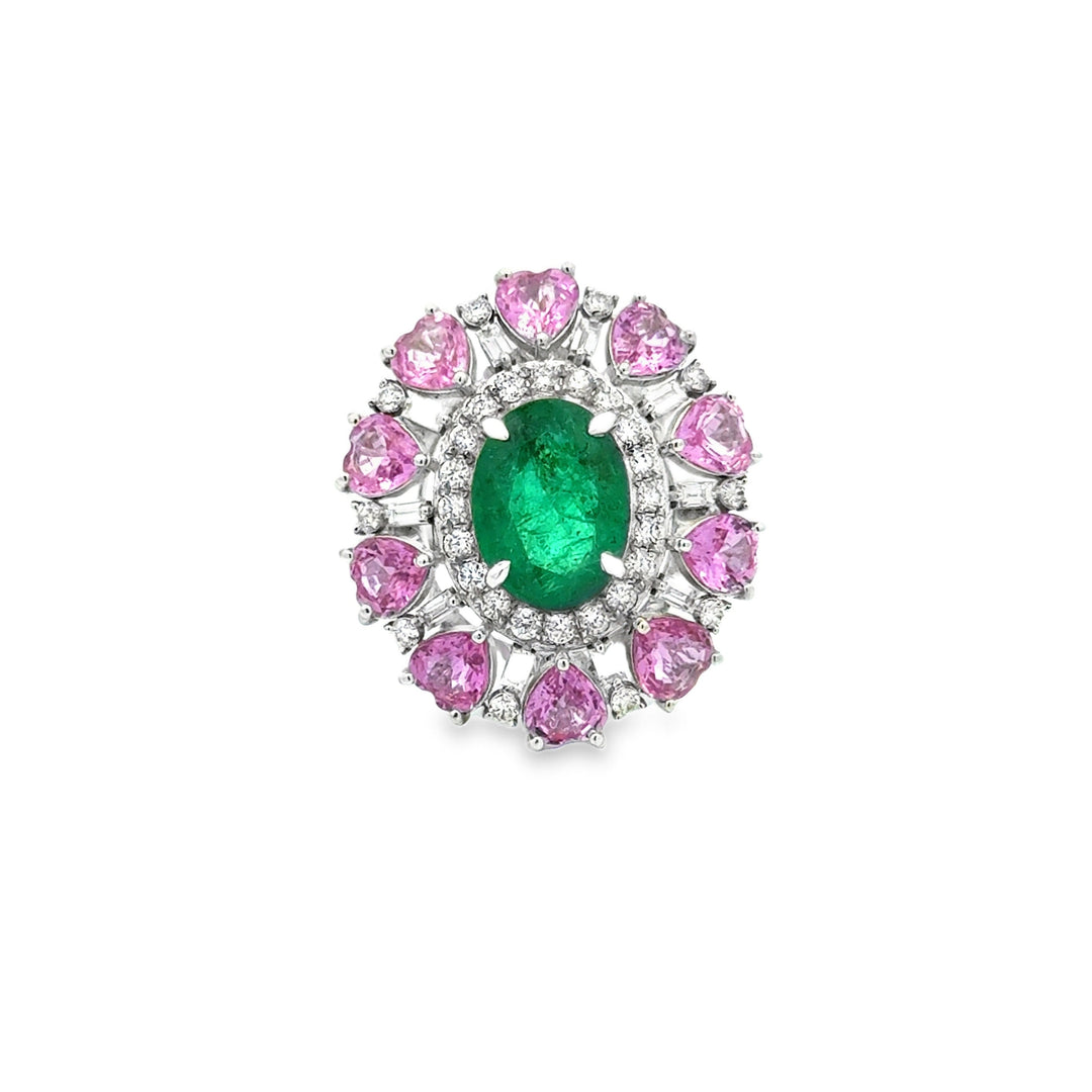 Modern Emerald, Pink, Sapphire, Diamond 18Kt White Gold Ring