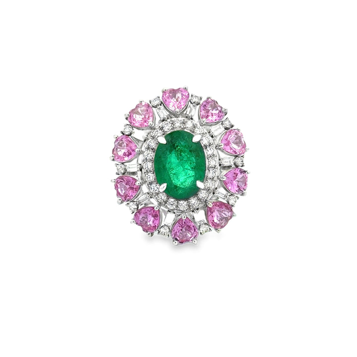 Modern Emerald, Pink, Sapphire, Diamond 18Kt White Gold Ring