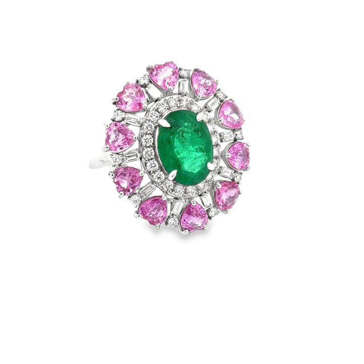 Modern Emerald, Pink, Sapphire, Diamond 18Kt White Gold Ring
