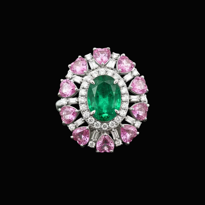 Modern Emerald, Pink, Sapphire, Diamond 18Kt White Gold Ring