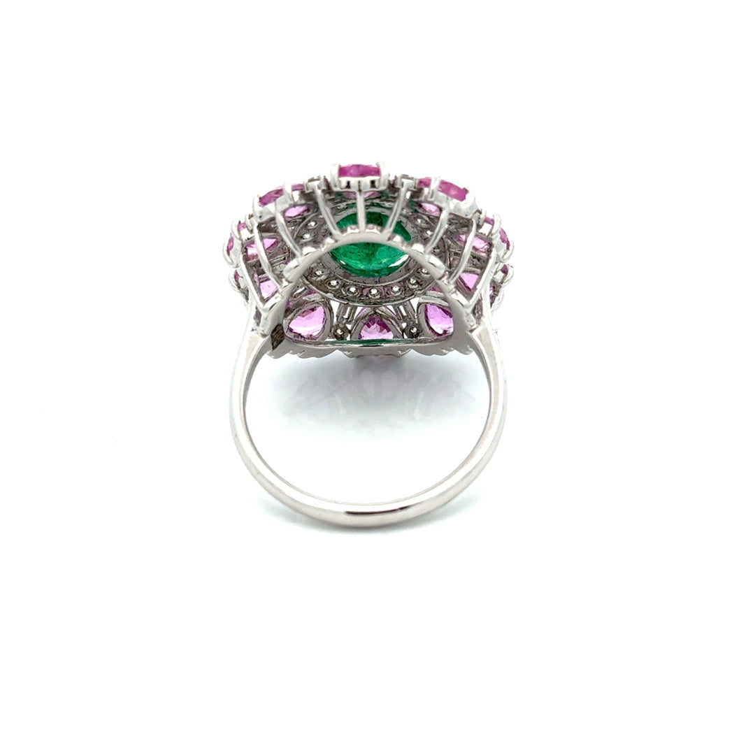 Modern Emerald, Pink, Sapphire, Diamond 18Kt White Gold Ring