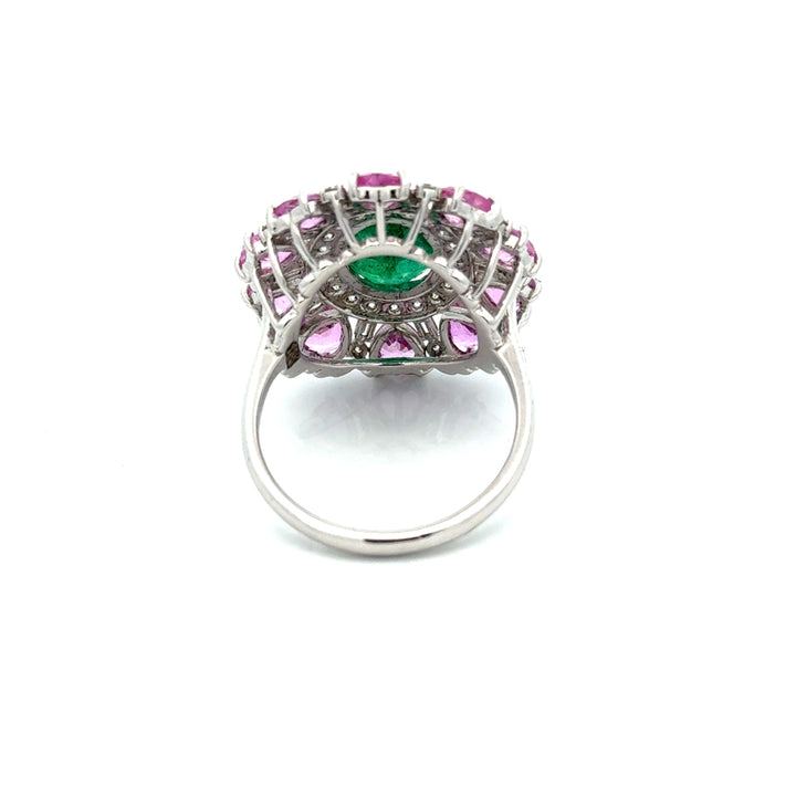 Modern Emerald, Pink, Sapphire, Diamond 18Kt White Gold Ring