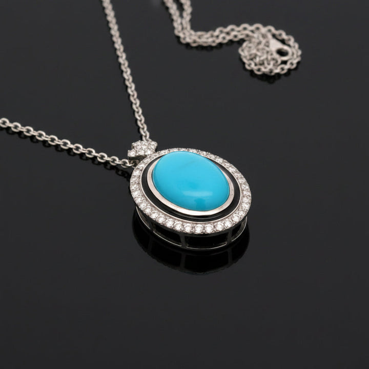 Modern Diamond, Turquoise & Black Enamel 14Kt White Gold Necklace