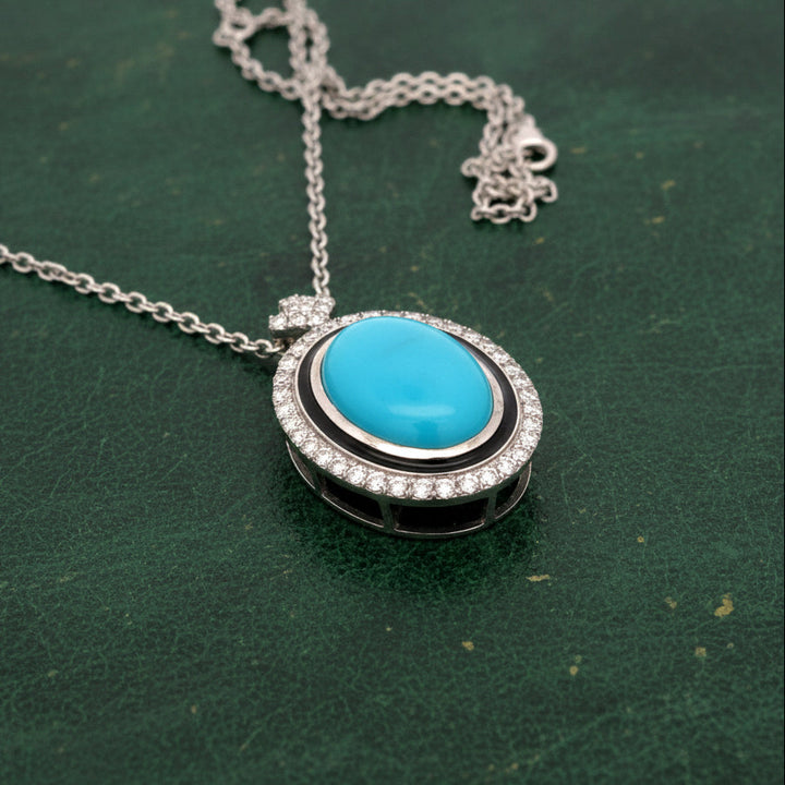 Modern Diamond, Turquoise & Black Enamel 14Kt White Gold Necklace