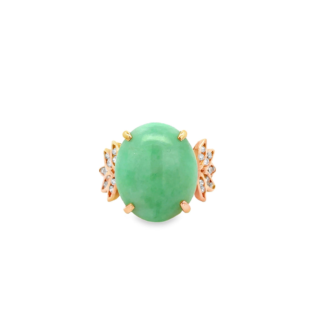 Modern 1980's 23.00ct Jade and Diamond 14Kt Yellow Gold Ring