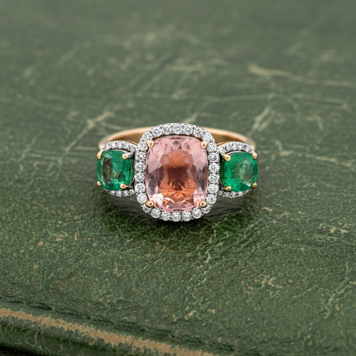 Modern Emerald Pink Tourmaline, Diamond 18K Yellow Gold Ring