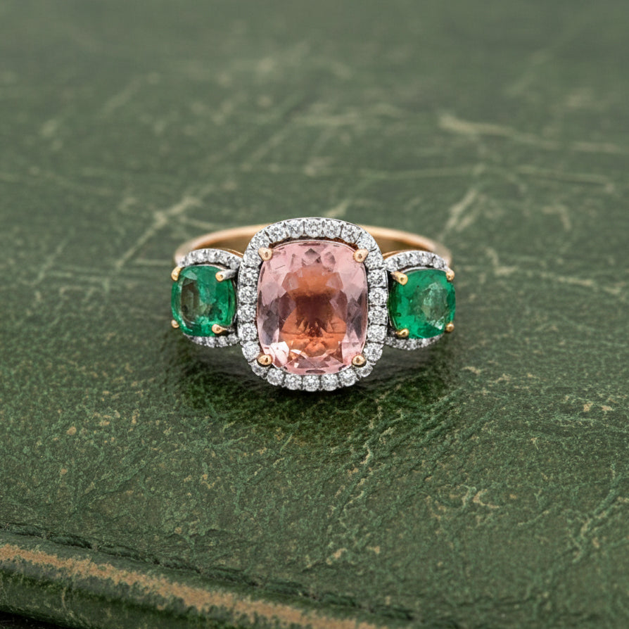 Modern Emerald Pink Tourmaline, Diamond 18K Yellow Gold Ring