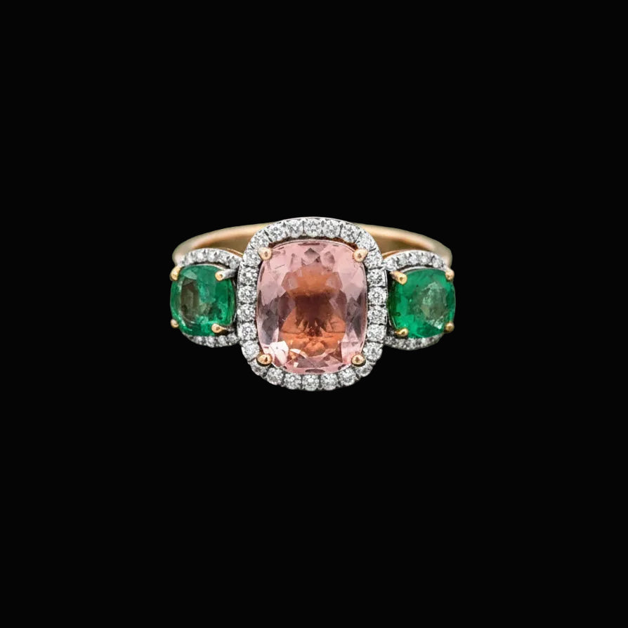 Modern Emerald Pink Tourmaline, Diamond 18K Yellow Gold Ring