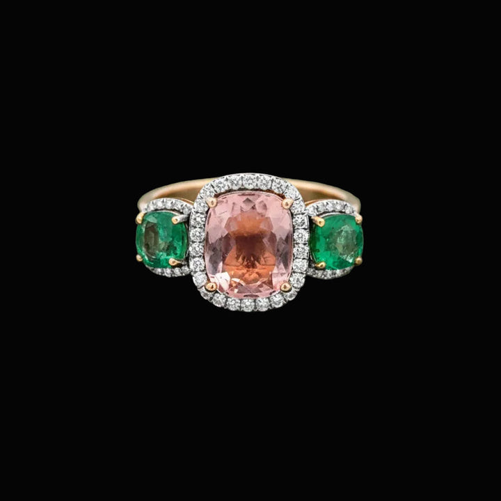 Modern Emerald Pink Tourmaline, Diamond 18K Yellow Gold Ring
