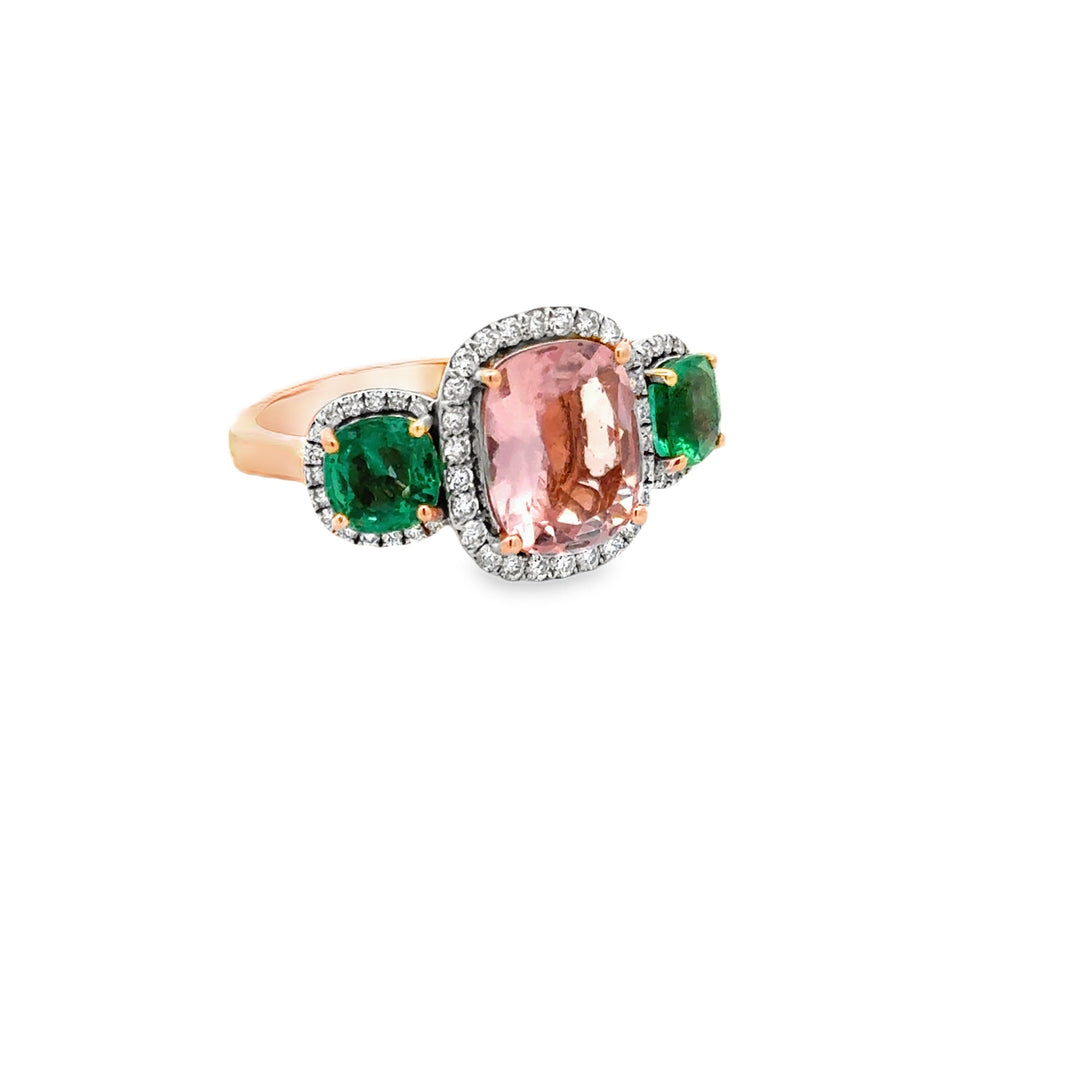 Modern Emerald Pink Tourmaline, Diamond 18K Yellow Gold Ring