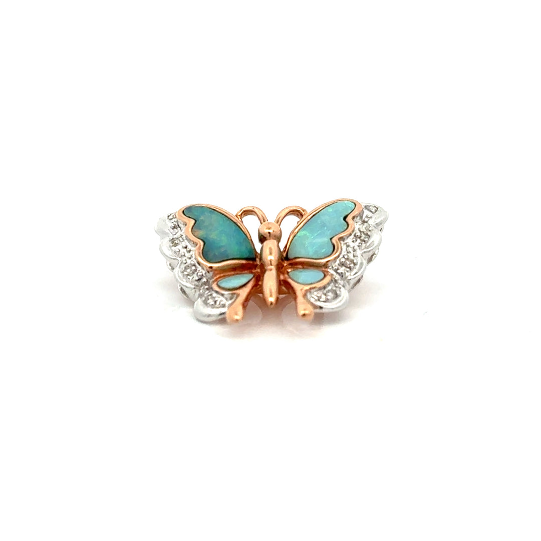 Modern Inlay Opal and Diamond 14Kt White/Yellow Gold Pendant