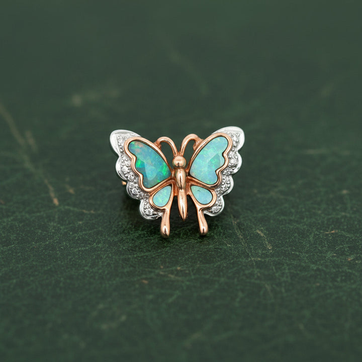 Modern Inlay Opal and Diamond 14Kt White/Yellow Gold Pendant