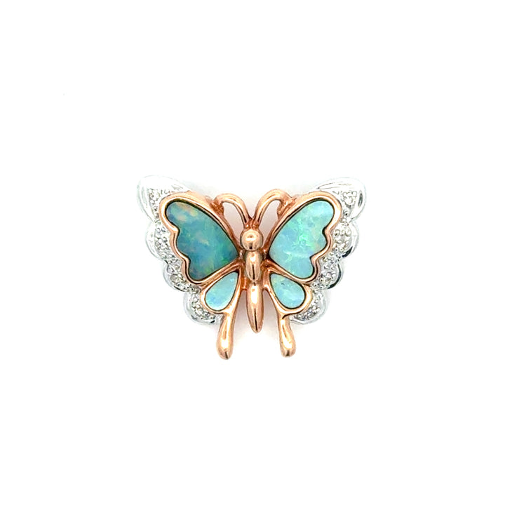 Modern Inlay Opal and Diamond 14Kt White/Yellow Gold Pendant