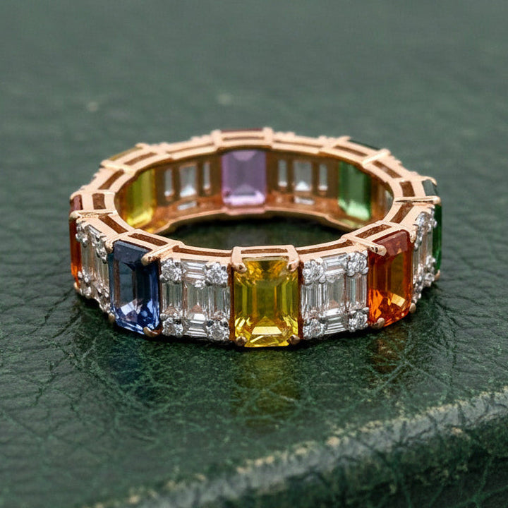 Modern 5.39cttw Multi Color Sapphire and Diamond 18Kt Yellow Gold Eternity Ring