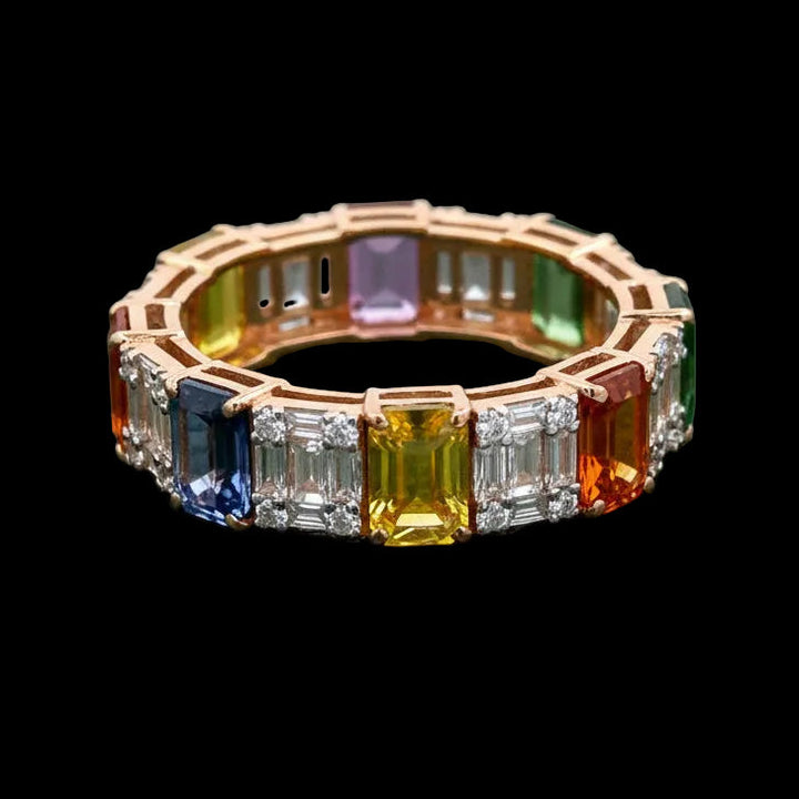 Modern 5.39cttw Multi Color Sapphire and Diamond 18Kt Yellow Gold Eternity Ring