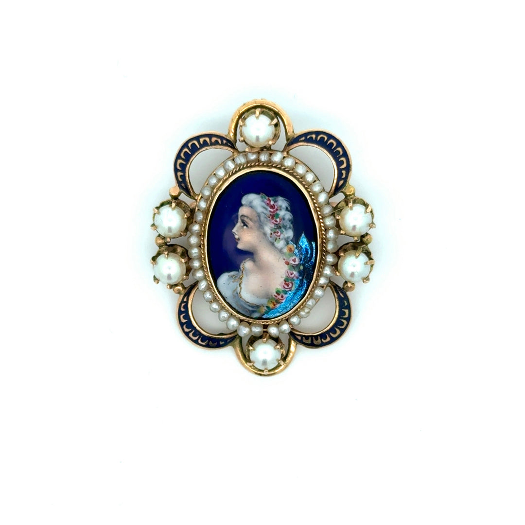 Mid Century French Limoge Portrait  " Asciore France" Enamel, Cultured Pearl Pendant/Brooch, Earring Set