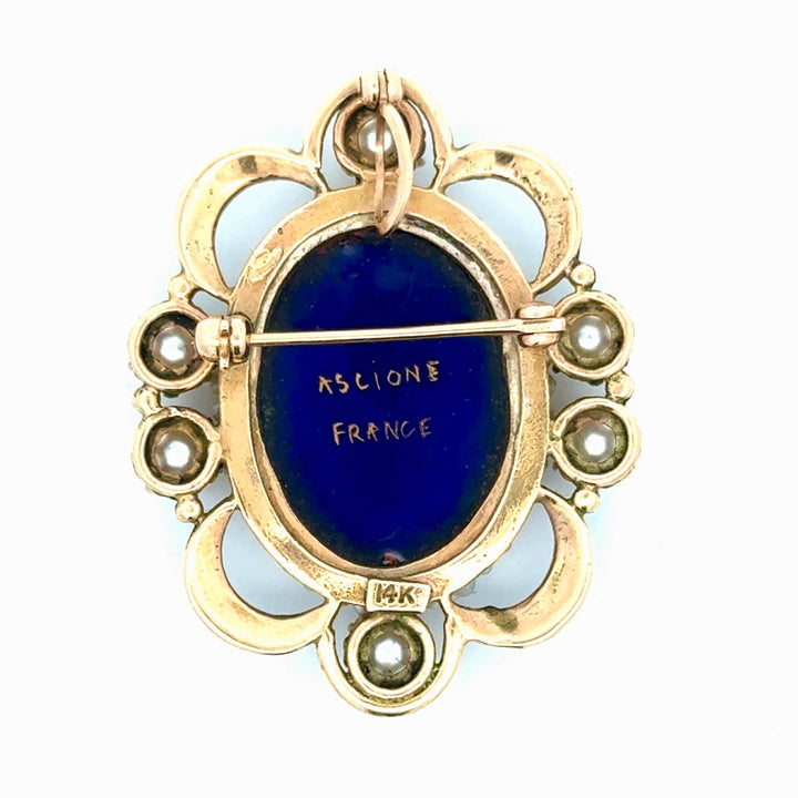 Mid Century French Limoge Portrait  " Asciore France" Enamel, Cultured Pearl Pendant/Brooch, Earring Set