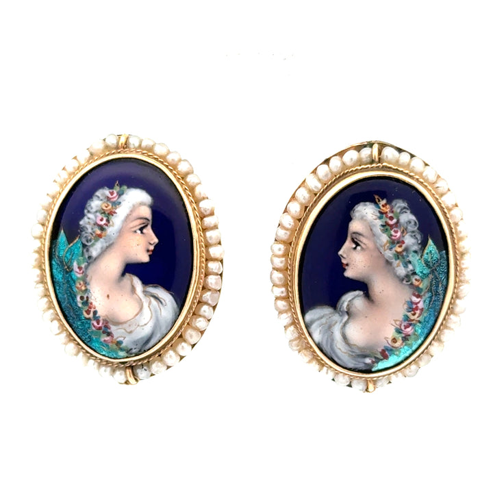 Mid Century French Limoge Portrait  " Asciore France" Enamel, Cultured Pearl Pendant/Brooch, Earring Set