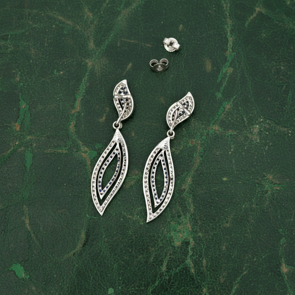 Modern Gabriel & Company Diamond & Sapphire 14Kt White Gold Necklace & Earring Set