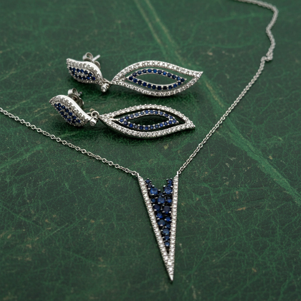 Modern Gabriel & Company Diamond & Sapphire 14Kt White Gold Necklace & Earring Set