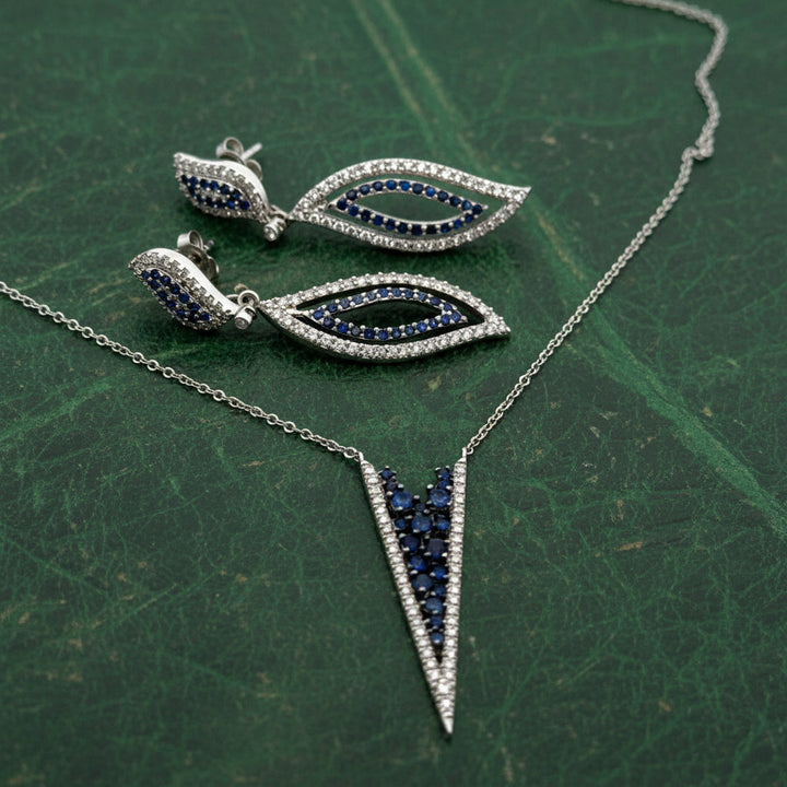 Modern Gabriel & Company Diamond & Sapphire 14Kt White Gold Necklace & Earring Set