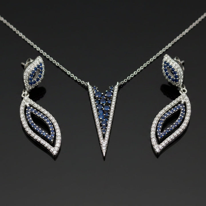 Modern Gabriel & Company Diamond & Sapphire 14Kt White Gold Necklace & Earring Set