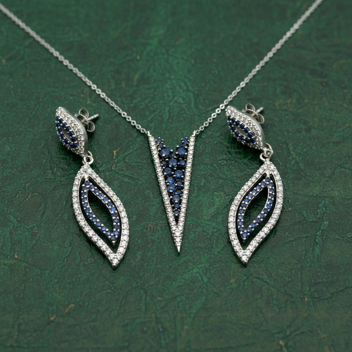 Modern Gabriel & Company Diamond & Sapphire 14Kt White Gold Necklace & Earring Set
