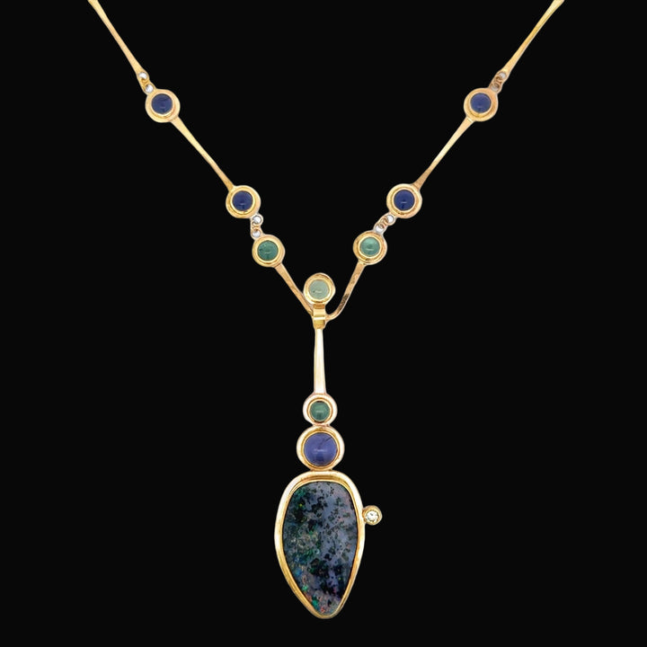 Estate Designer Lee Philips Black Opal, Aquamarine, Iolite 14K Yellow Gold Necklace