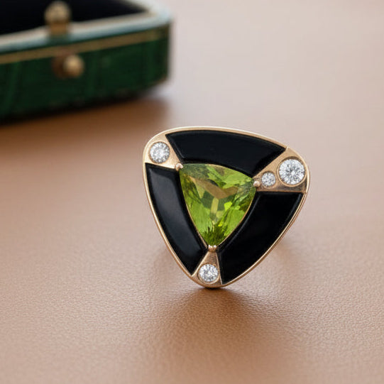 Estate Designer Cole Diamond, Onyx, Peridot 14K Yellow Gold Pendant.