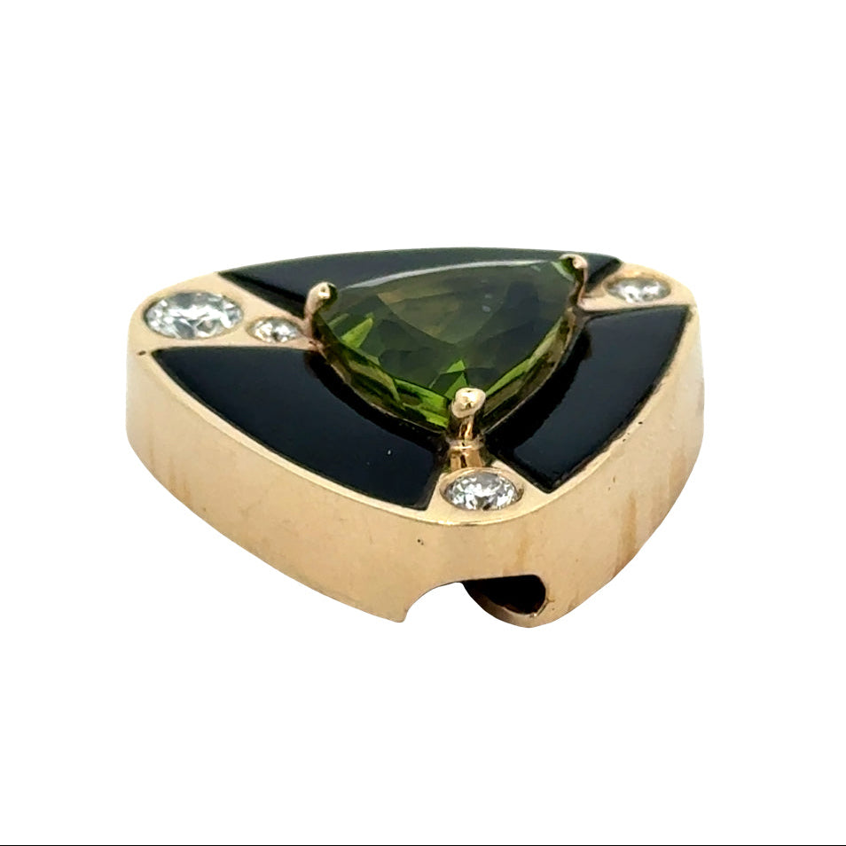 Estate Designer Cole Diamond, Onyx, Peridot 14K Yellow Gold Pendant.