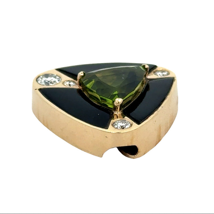 Estate Designer Cole Diamond, Onyx, Peridot 14K Yellow Gold Pendant.