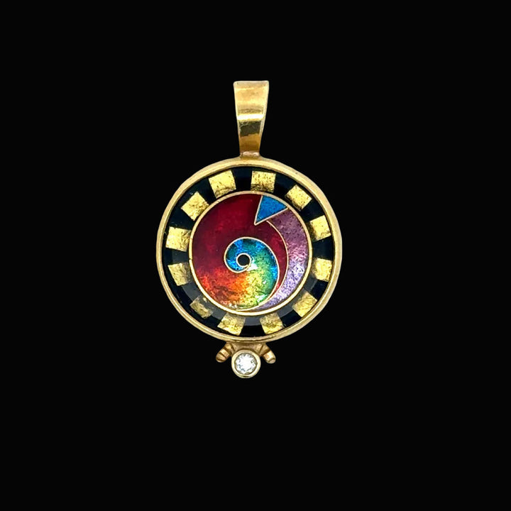 Estate Designer Ricky Frank 18K/22K Yellow Gold Diamond, Multi Color Cloisonne Pendant