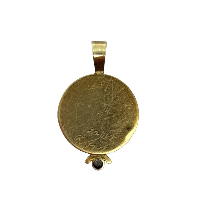 Estate Designer Ricky Frank 18K/22K Yellow Gold Diamond, Multi Color Cloisonne Pendant
