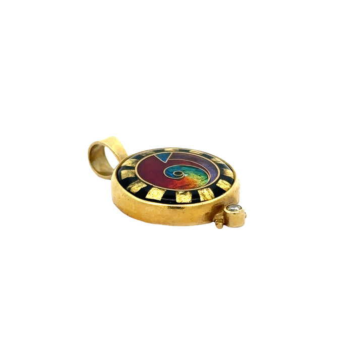 Estate Designer Ricky Frank 18K/22K Yellow Gold Diamond, Multi Color Cloisonne Pendant
